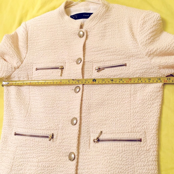 Zara Creamy Beige Cotton Tweed Blazer Metal Zippers Buttons Long Sleeve US M-L - Picture 12 of 13